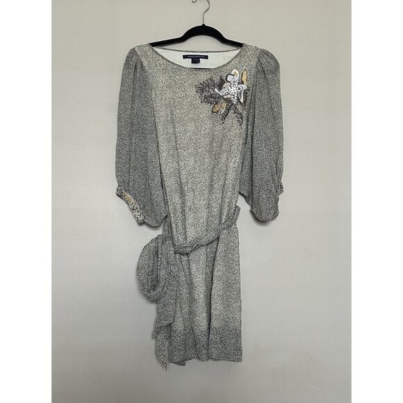 100% Silk French Connection Beaded Embellished Midi Dress Size 6 Black Beige - Picture 3 of 14